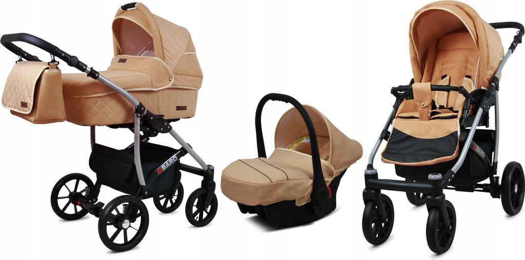 BabyLux Qbaro | 3in1 Kinderwagen Set | Beige | Kombikinderwagen | Kinderwagenset | Buggy + Baby
