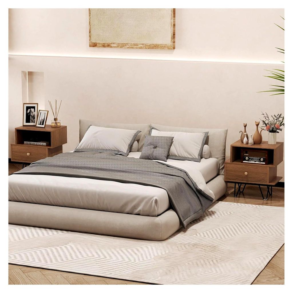 2er Set Nachttisch mit Schublade und offenem Fach, Beistelltisch aus Holz mit 4 Metallbeinen, Nachtkommode für Schlafzimmer, 44 x 29 x 47 cm (Natur)