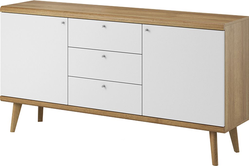 Kommode PRIMO PKSZ160 Sideboard mit Schubladen Schrank Weiß / Eiche Riviera