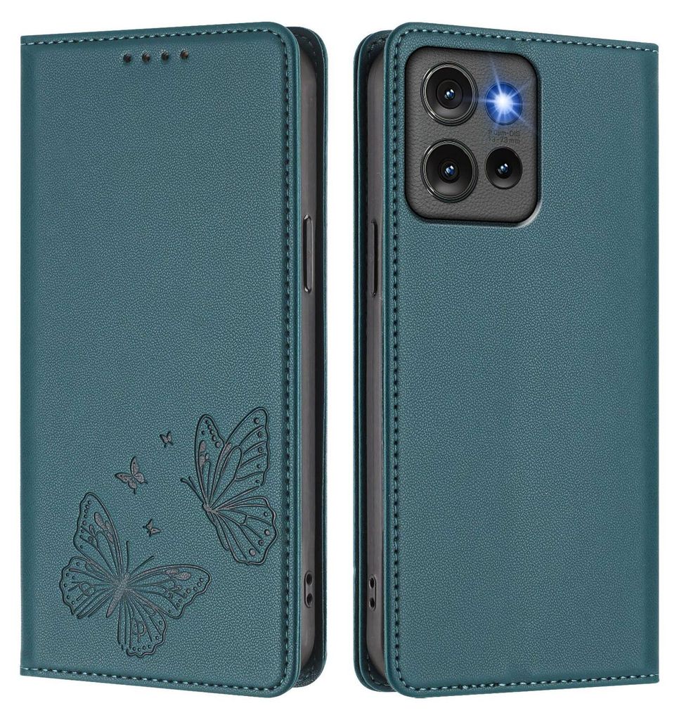Lederhülle für Motorola Edge 50, Schmetterling Prägung Leder Brieftasche Schutzhülle mit Ständer Grün