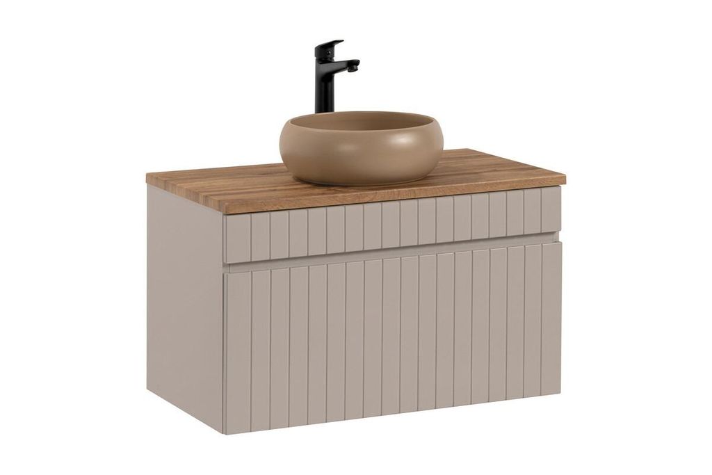 Badmöbel-Set 80 cm mit Waschbecken, Unterschrank & Arbeitsplatte, Iconic Cashmere I BM243 - Kaschmir Matt/ Evoke Eiche
