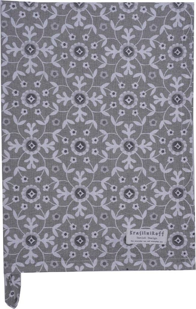 Krasilnikoff – Geschirrtuch KW13380 – Square Dance Flowers, grey / Square Dance Blumen, grau
