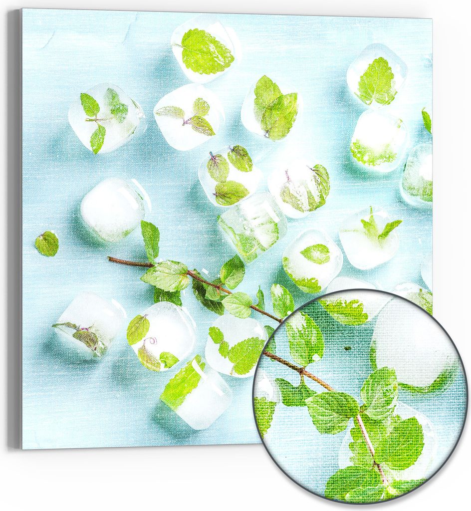 DEQORI Hybrid Leinwand Bild 50x50 cm 'Minzige Frische' Wandbild Glas flach modern