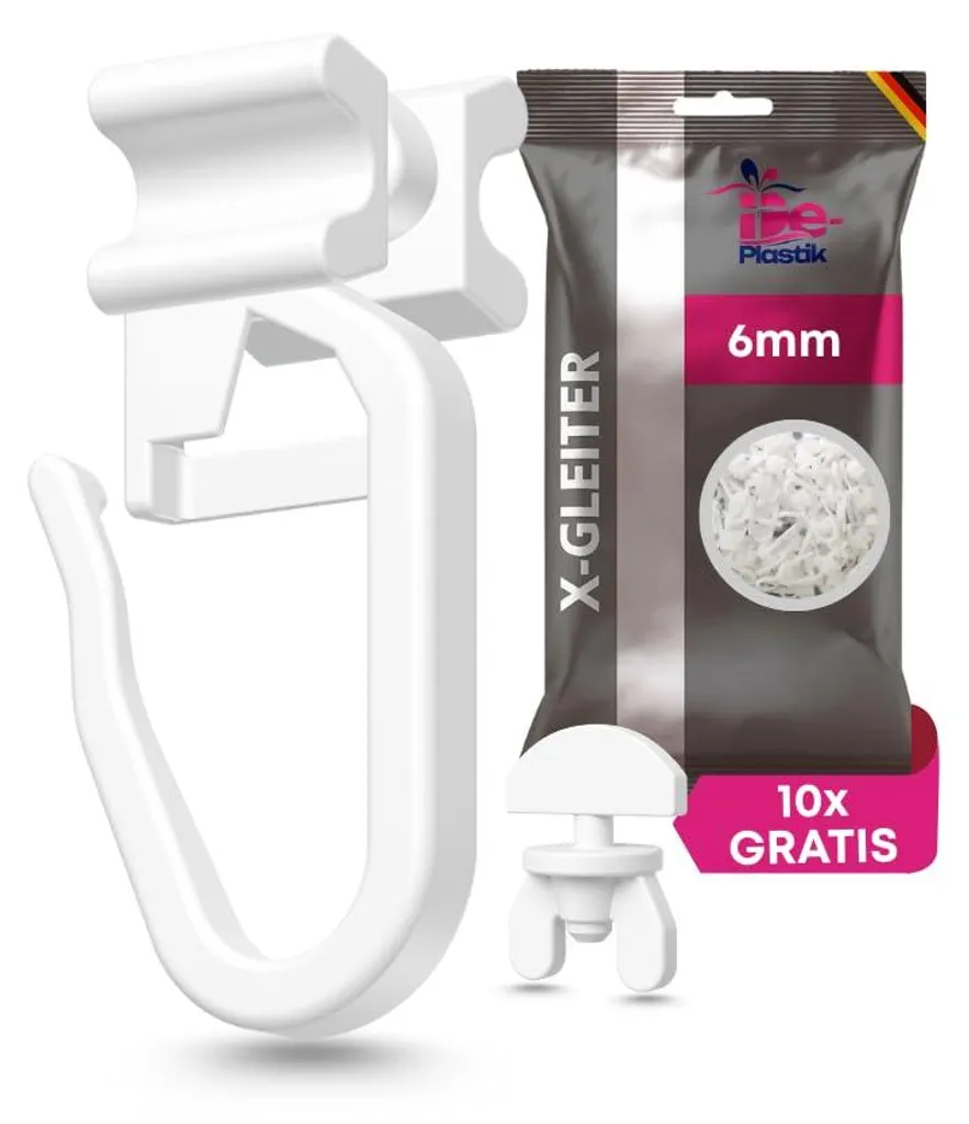 100 Patins en X et 10 butées pour rail rideau 6mm - Kit complet blanc