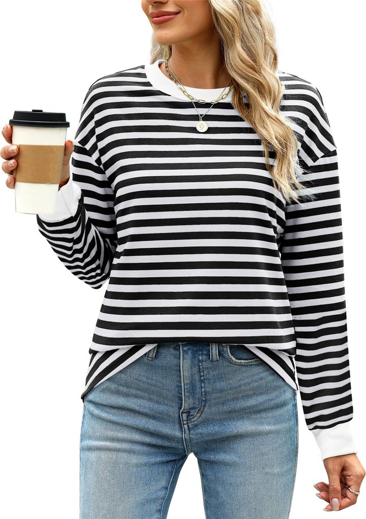 ASKSA Damen T-Shirt Rundhals Langarm Shirts Gestreift Basic Elegant Casual Lose Frauen Tunika Oberteile (Schwarz,M)