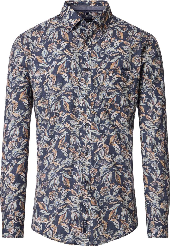 CASAMODA Herren Freizeithemd Langarm Button-Down Casual Blau floral 3XL