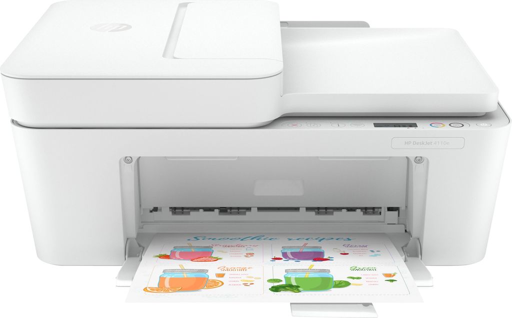 A white HP DeskJet 4110e all-in-one printer is shown from the front, printing a document with smoothie recipes.
