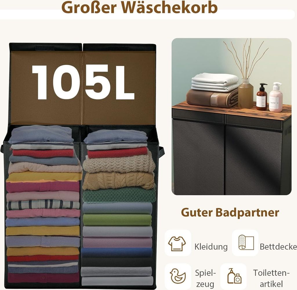 GOPLUS Wäschekorb 2 Fächer, 105L Wäschesammler mit Deckel & Produktbild 3