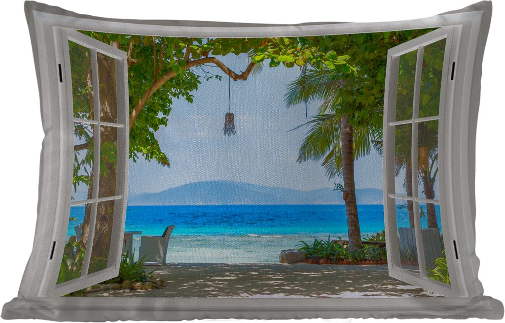 MuchoWow Outdoor Kissen - Aussicht - Baum - Meer - Palme - Hügel - Strand - Blau - 50x30 cm - Wetterfest - Lounge Kissen - Sofa kissen - Wohnzim...