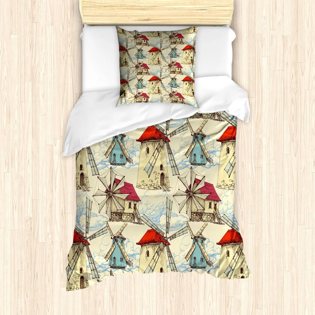 ABAKUHAUS Set copripiumino per letti singoli, Mulino a vento e nuvole fugaci, Antiacaro Adatto a chi soffre di allergie con federa, 135 cm x 200 cm - 80 x 80 cm, Guscio d'uovo multicolore