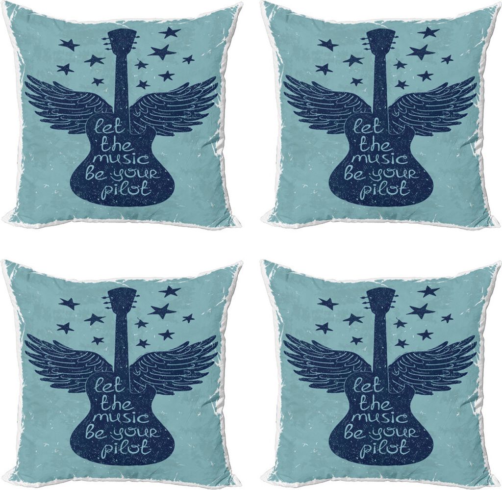 ABAKUHAUS Musik Kissenbezug Set (4 Stück), Musik Gitarre Wings Blau, Moderner Doppelseitiger Digitaldruck, 40 cm x 40 cm, Dunkelblau