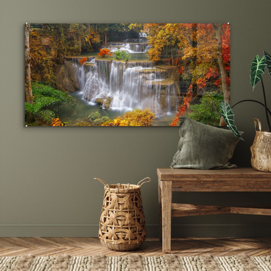MuchoWow Glasbilder - Bilder auf Wandbild - Foto auf Glas Bäume - Wasserfall - Herbst 120x60 cm Wanddekoration aus Glas - Acrylglasbild - Acrylbil...
