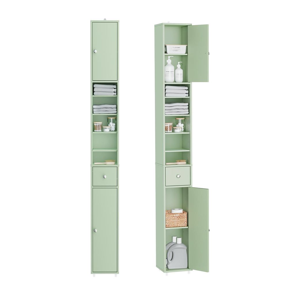 SoBuy Badezimmerschrank Hochschrank für kleine Bäder mit verstellbaren Einlegeböden Platzsparender Schmal Badschrank für Waschbecken Grün 20x1...