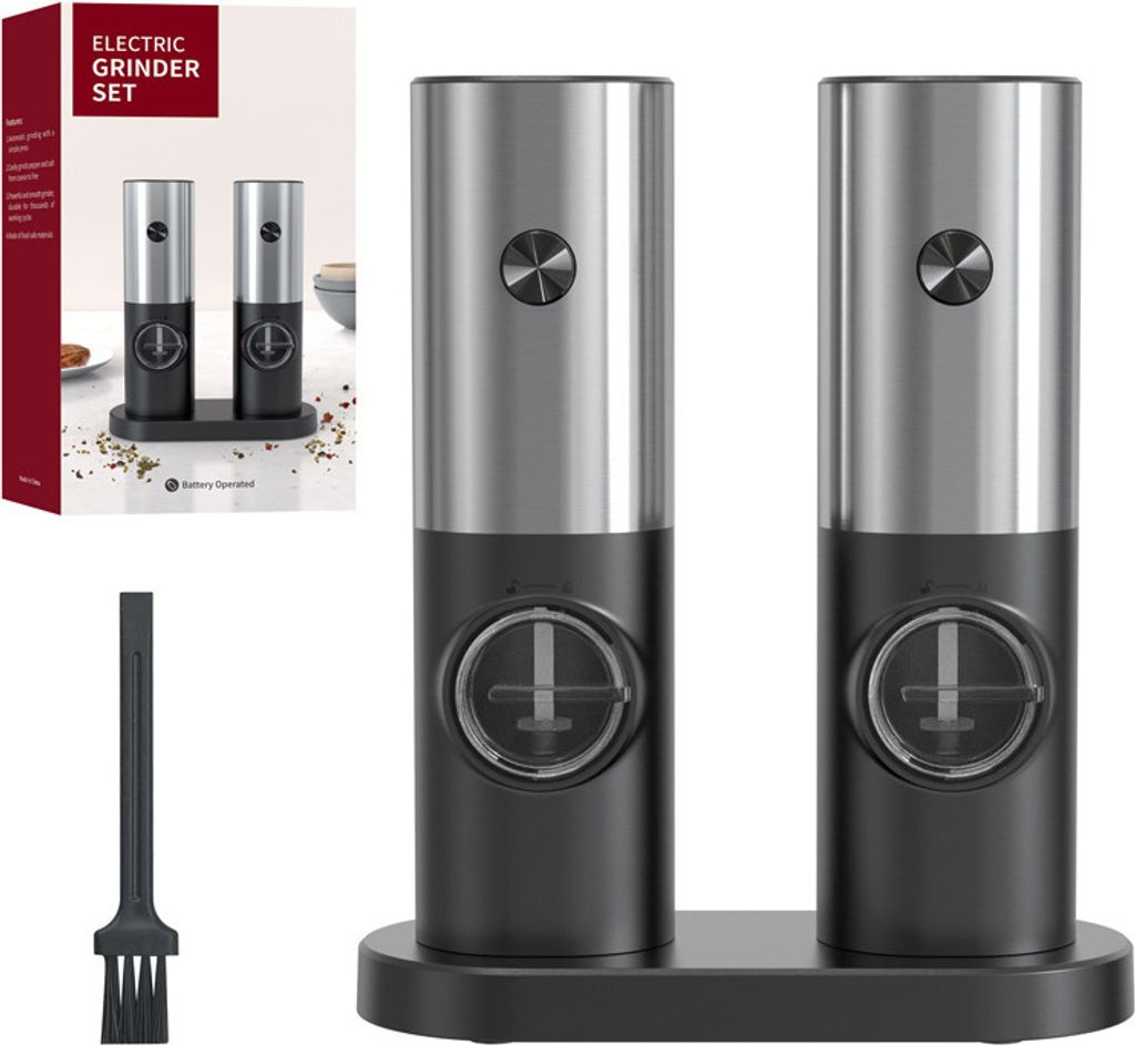 2er-Pack elektrische Pfeffer- und Salzmühle mit Sockel, LED-Licht, Küchenwerkzeug