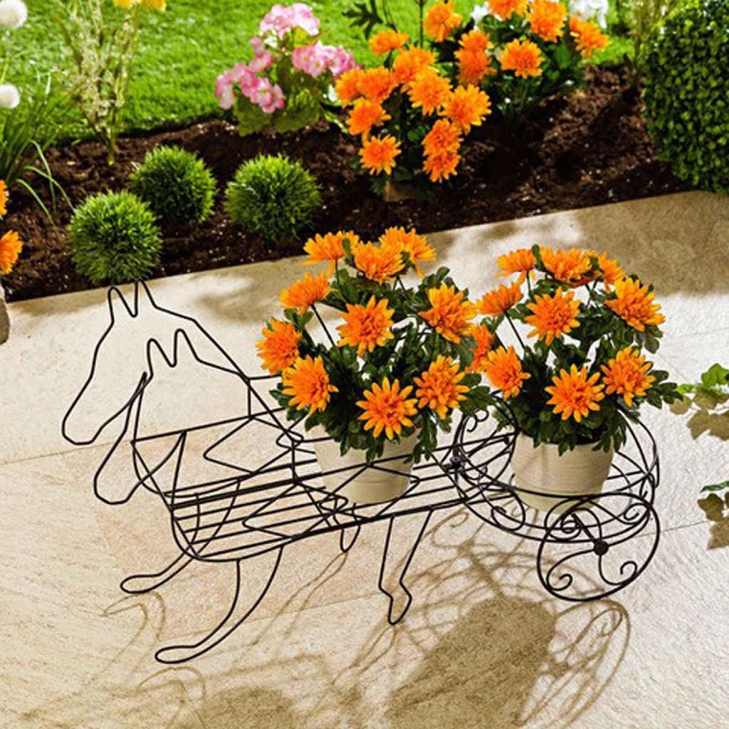 Metall Deko Blumenständer Pferdekutsche Schwarz 65 x 36 x 24 cm Pflanzenständer Pflanzen Blumen Ständer