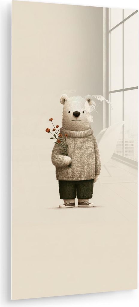 MuchoWow Glasbilder - Bilder auf Wandbild - Foto auf Glas Teddybär - Orangefarbene Blumen - Freundlich 40x80 cm Wanddekoration aus Glas - Acrylgla...