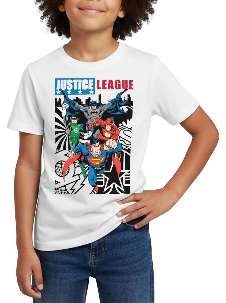 Spreadshirt DC Comics Justice League Comic Cover Kinder T-Shirt, 122/128 (7-8 Jahre), Weiß