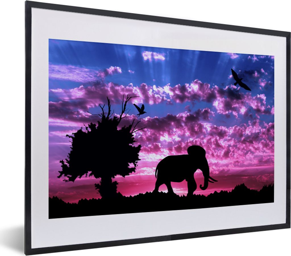MuchoWow MuchoWow Gerahmtes Poster Elefant - Vogel - Baum 40x30 cm - Poster mit zchwarzem Bilderrahmen - Bilderrahmen - Poster im Rahmen