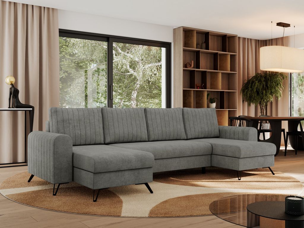 Ecksofa für das Wohnzimmer, AXEL U Ecksofa mit losen Kissen, drei Bettkästen, U-förmiges Ecksofa mit Armlehnen, Universalecke mit schwarze Metal...