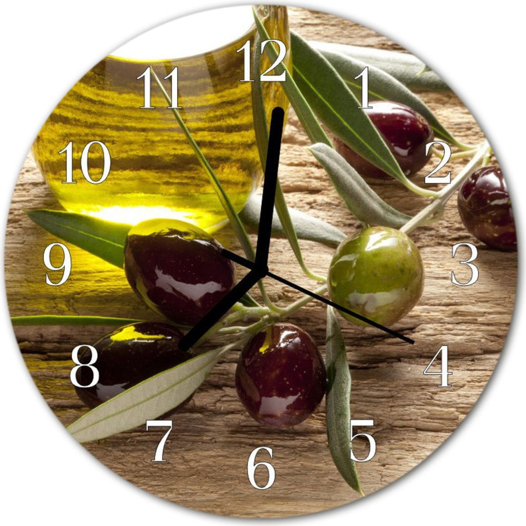 A round clock face with an image of olives and olive oil.