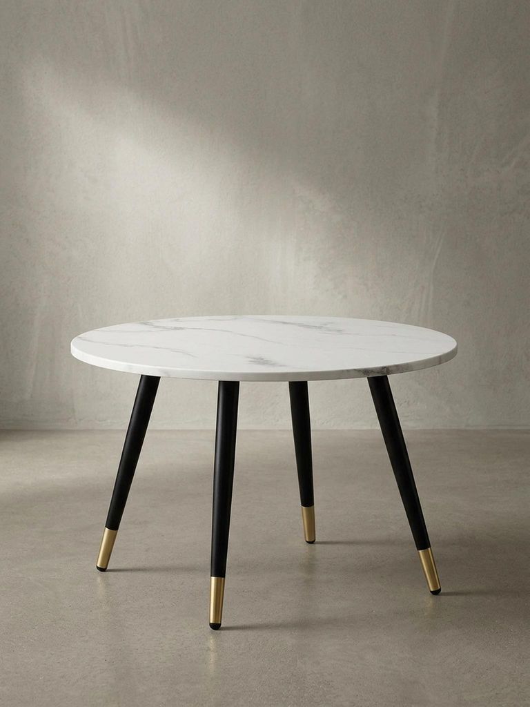Couchtisch 60x60x41 cm mit Marmor Optik Weiß Modern, Design Wohnzimmertisch mit Metall-Gestell, Sofatisch Rund Tisch, Beistelltisch Wohnzimmer