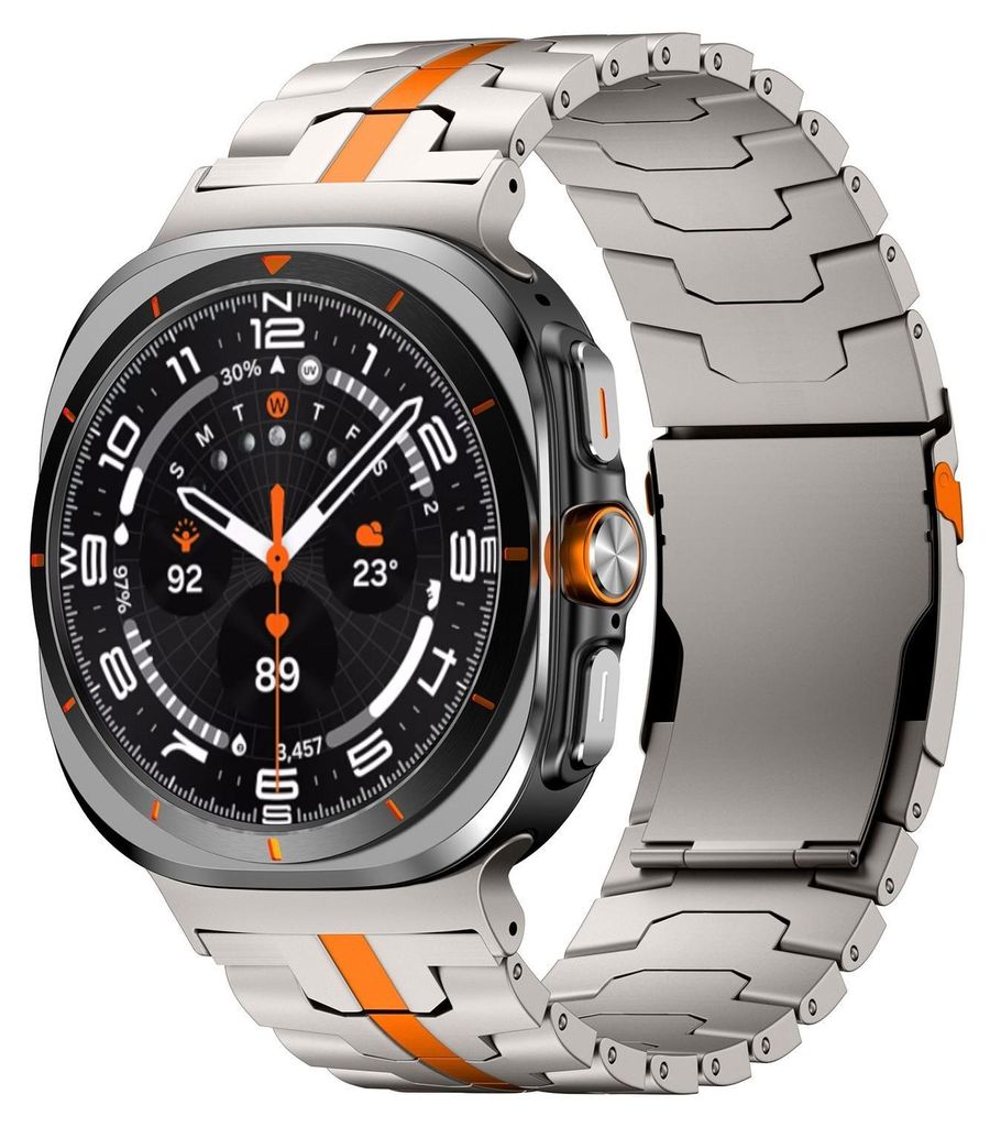 A close-up studio shot of a smartwatch with a metal band.