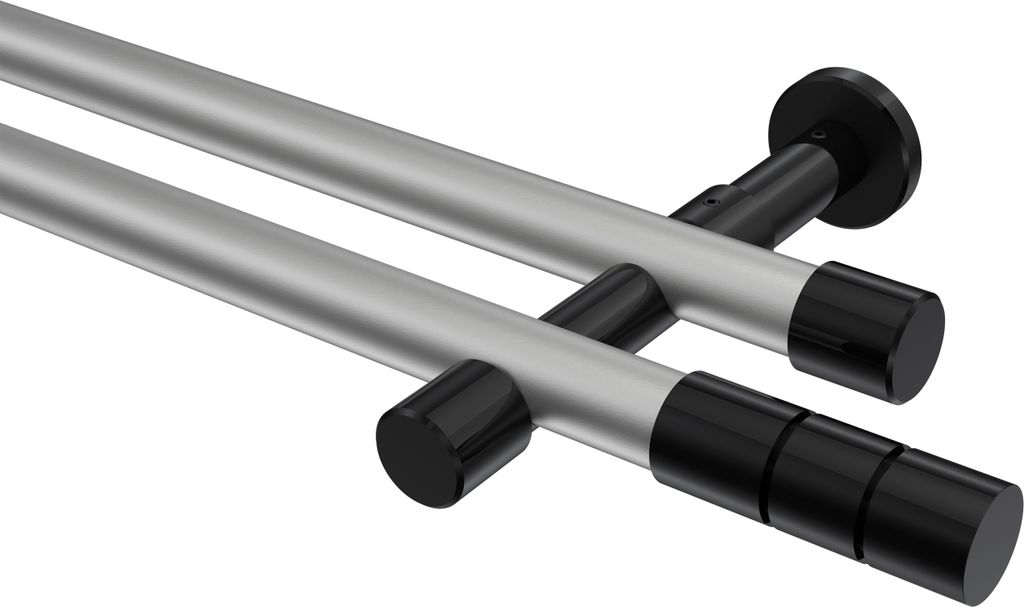 Interdeco Gardinenstange / Vorhangstange Silbergrau / Schwarz, Typ Prestige Elanto (Rillenzylinder) ohne Ringe, 20 mm Ø 2-läufig, 160 cm