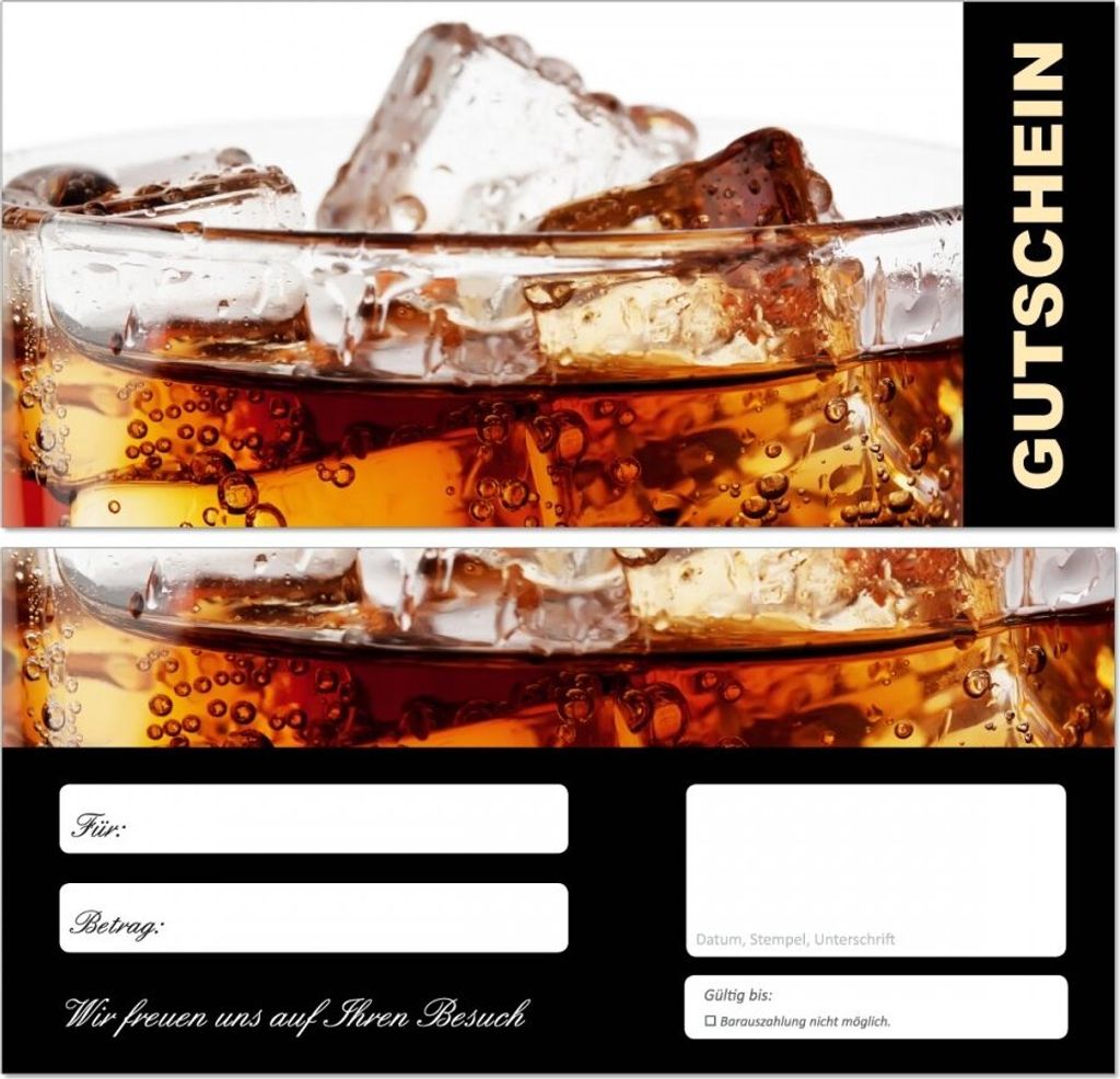 20 Stück Premium Geschenkgutscheine (Gastro-667) - Ein schönes Produkt für Ihre Kunden Getränk im Glas mit Eiswürfel Gutscheine Gutscheinkarte...