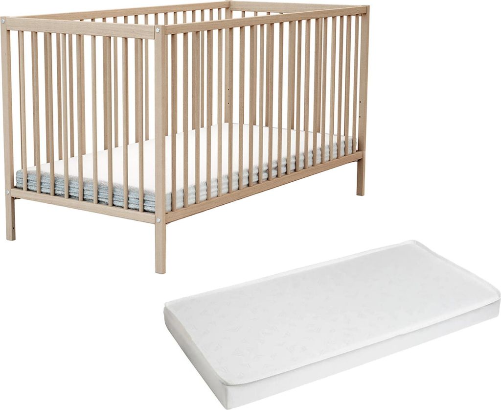 AT4 - Babybett Holz 70x140 ONE mit Matratze Buche Natur |144 x 74 x 86,5 cm |Kinderbett mädchen und Jung - Gitterbett mit Lattenrost 3 Stufen Höh...