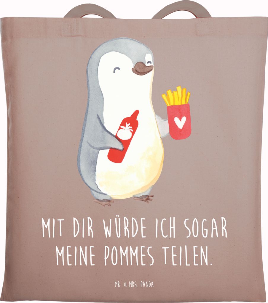Mr. & Mrs. Panda Jutebeutel Pinguin Pommes - Braun Pastell - Geschenk, für Freundin, Tragetasche, Schultasche, Tote Bag, Valentinstag, Freund, Hoc...