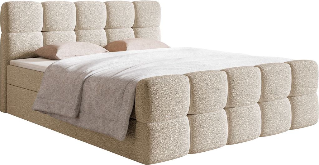 Selsey Cloudy - Boxbett 180x200 mit Bettkästen, Matratze, Topper, Bouclé-Bezug, hellbeige