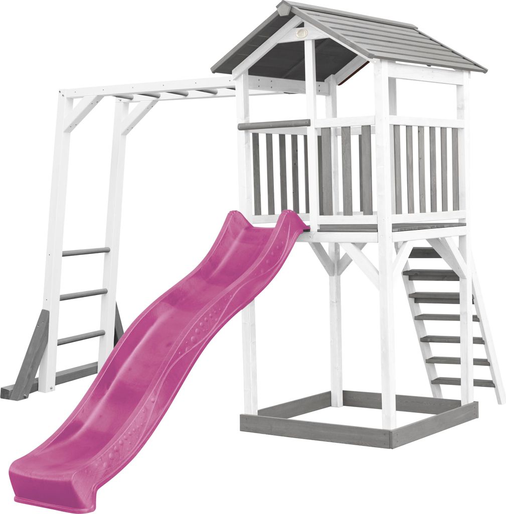 AXI Beach Tower Spielturm aus Holz in Weiß & Grau | Spielhaus für Kinder mit lila Rutsche, Klettergerüst und Sandkasten | Stelzenhaus für den G...