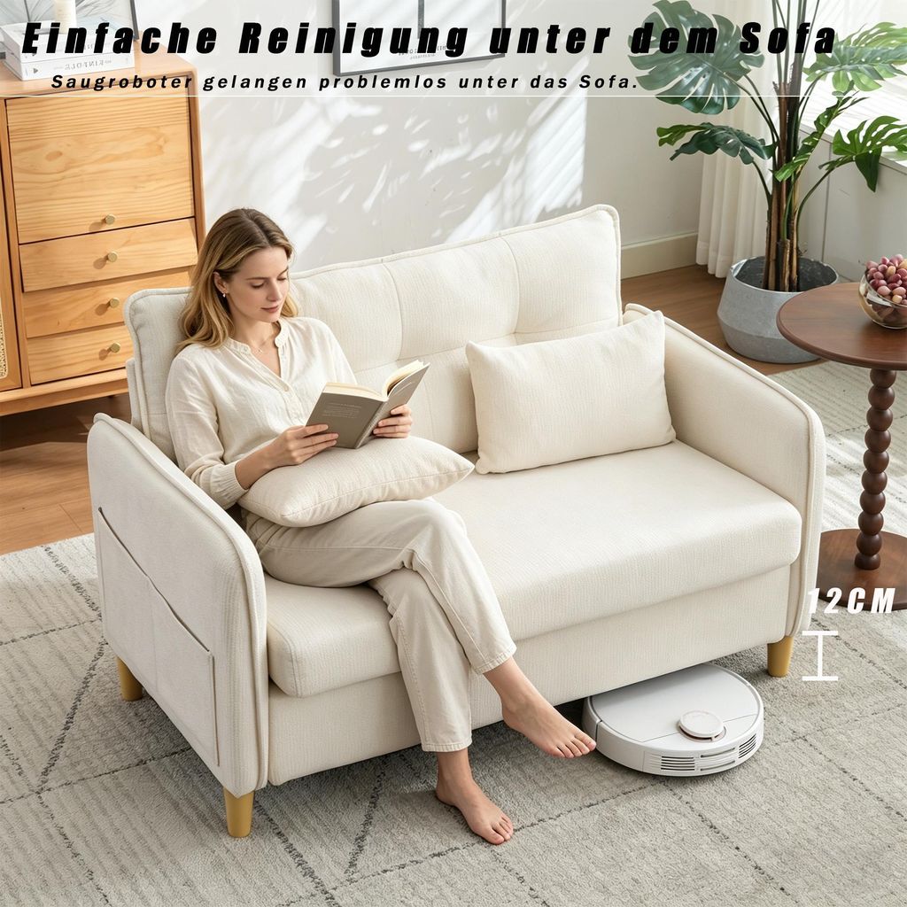 Zweisitzer-Sofa, mit Armlehnen, Seitentasche, weiche Polsterung, 127 x 76 x 83 cm, Beige