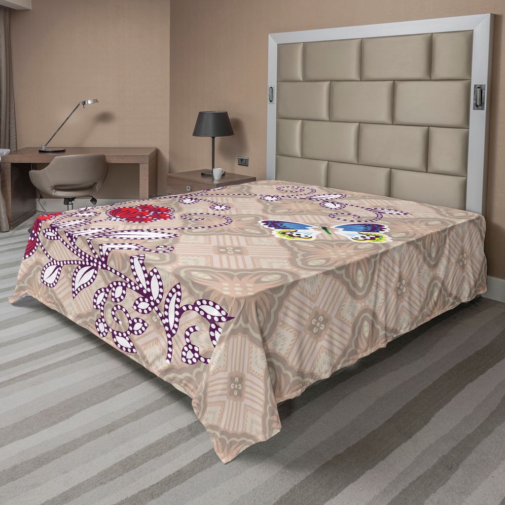 ABAKUHAUS Batik Bettlaken, Blumenkörper mit gebogener Niederlassung und Schmetterlingen auf Retro- Hintergrund-Grafik-Druck, weiches bequemes ober...