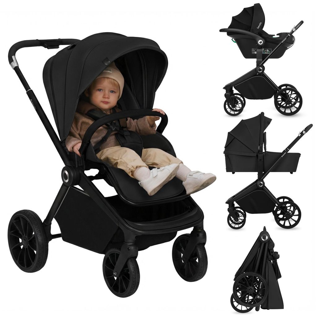A collage of images showing a baby in a black stroller, and different configurations of the stroller.