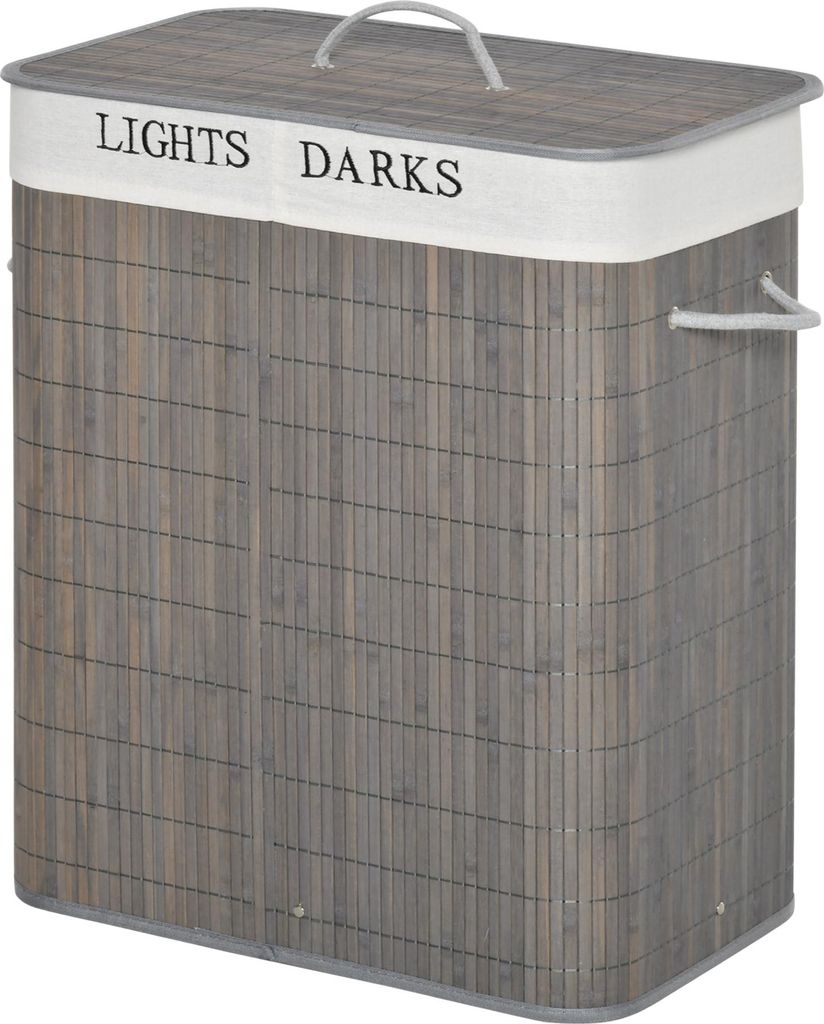 100L Wäschekorb mit 3 Griffen, mit waschbarem Wäschesack, Bambus, Polyester, Baumwolle, Metall, 52 x 32 x 63 cm, Grau