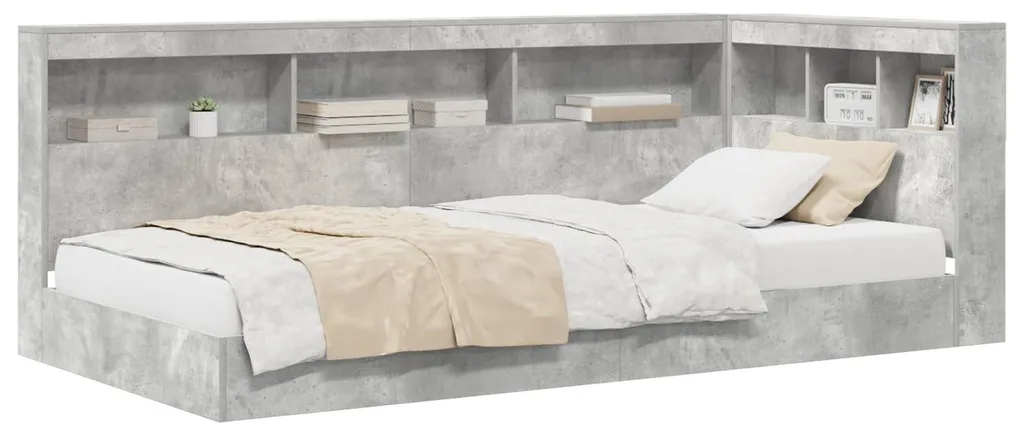 Meuble gain de place : Lit 75x190 cm avec étagères Béton Gris intégré