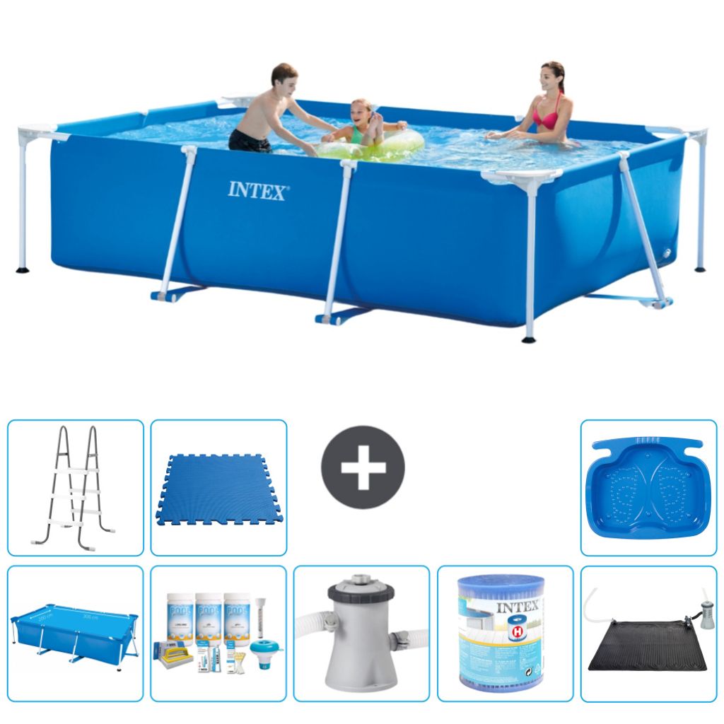 Intex-Schwimmbecken mit rechteckigem Rahmen – 300 x 200 x 75 cm – Blau – im Lieferumfang enthalten Sonnensegel - Wartungspaket - Filterpumpe ...
