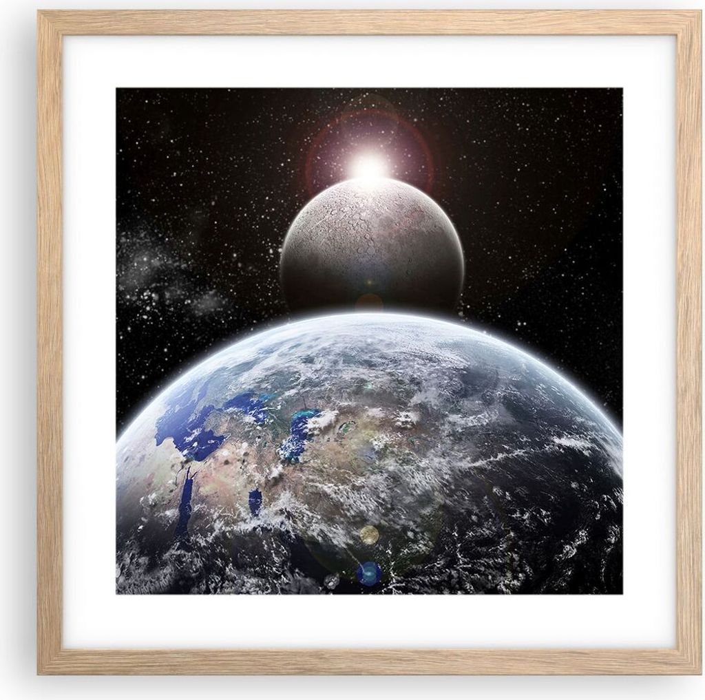 Gerahmtes Poster - Rahmen in heller Eiche - Apokalypse Meteorit Sterne Planet - 40x40 cm - Wand Bild - Wanddeko - Wandbilder - Wandposter - Bilderr...