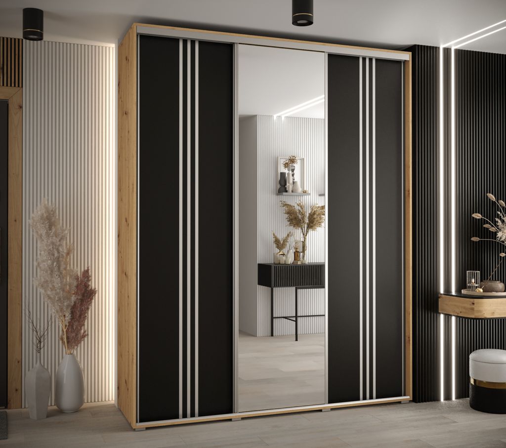 Kleiderschrank YVONA 7 - 200/45 cm, Eiche handwerklich / schwarz / silber