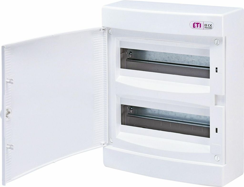 A white electrical distribution box with its door open, showing two rows of mounting rails inside.