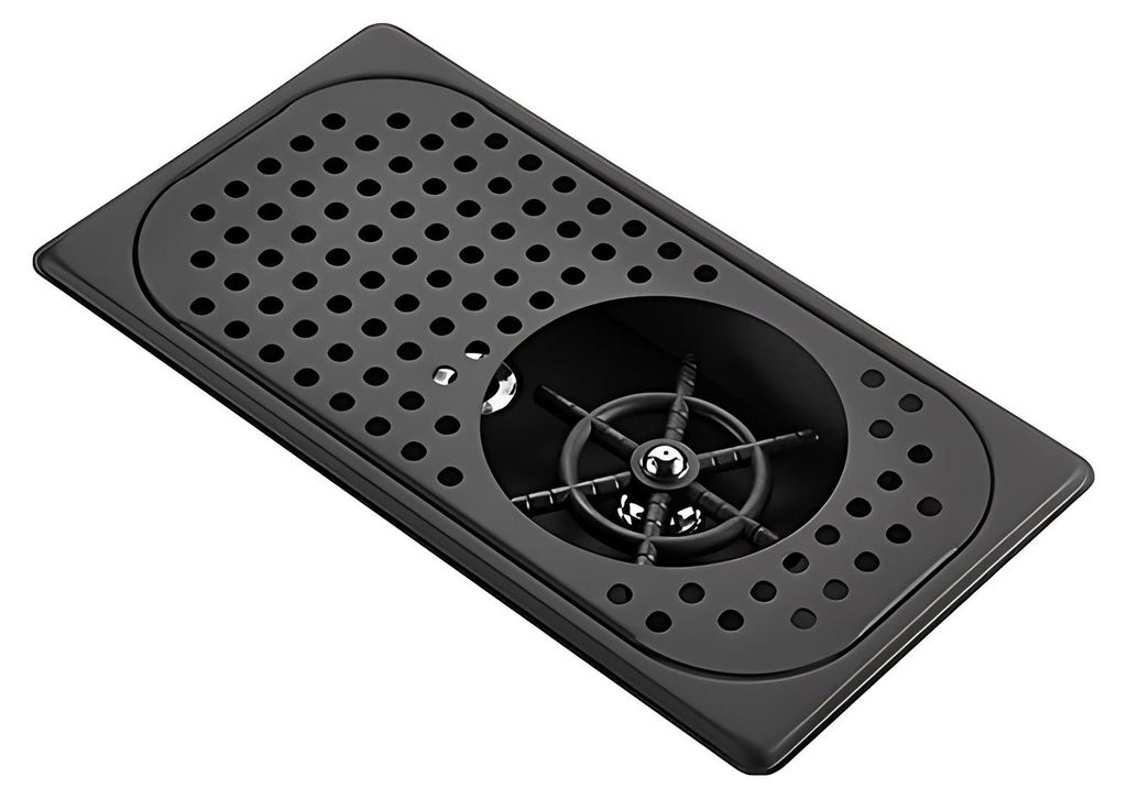 A black sink rinser with a perforated drain tray and a central rinser mechanism.