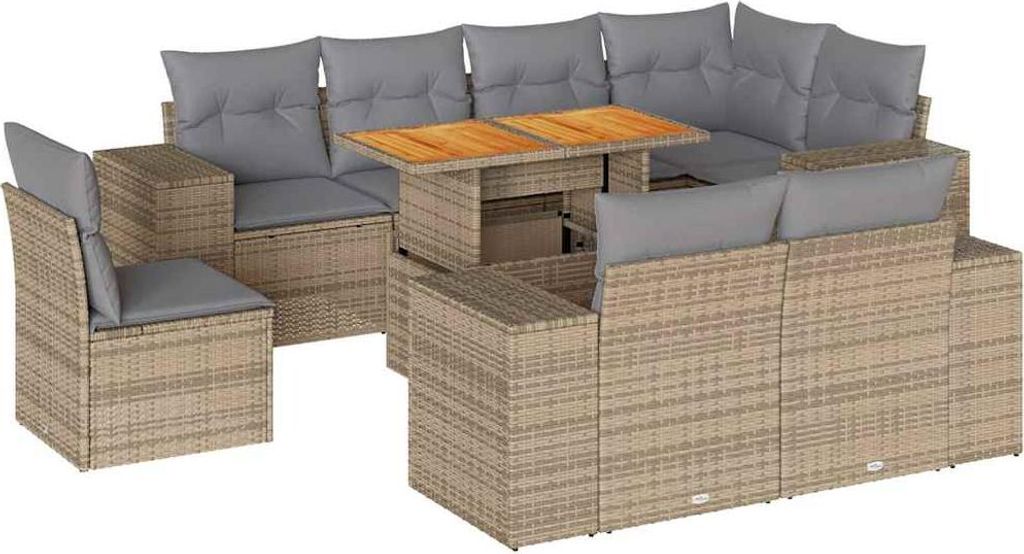 vidaXL 9-tlg. Garten-Sofagarnitur mit Kissen Beige Poly Rattan