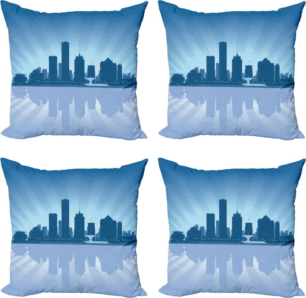 ABAKUHAUS Wisconsin Kissenbezug Set (4 Stück), Retro Milwaukee Skyline, Moderner Doppelseitiger Digitaldruck, 60 cm x 60 cm, Sky Blue Purpleblue