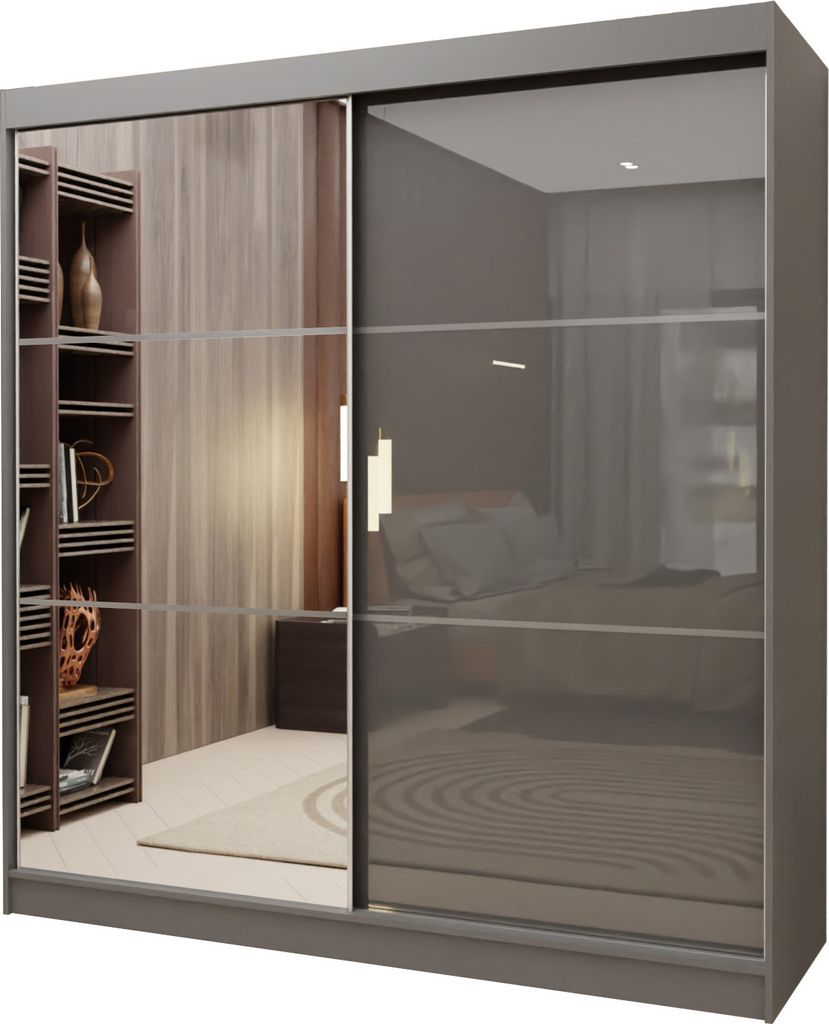 Masseno Schiebetürenschrank VITALE 200 cm Kleiderschrank Schlafzimmer Schrank 2-türig mit Spiegel und Lacobel Grau