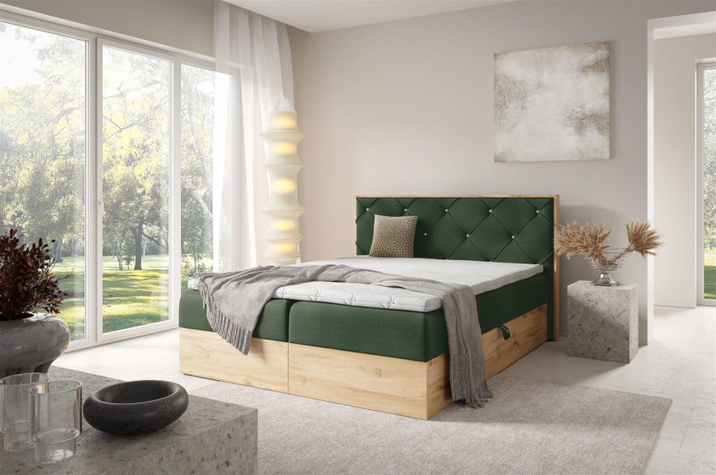 Boxspringbett Schlafzimmerbett HELIOS 120x200cm in Stoff Rouge Dunkelgrün
