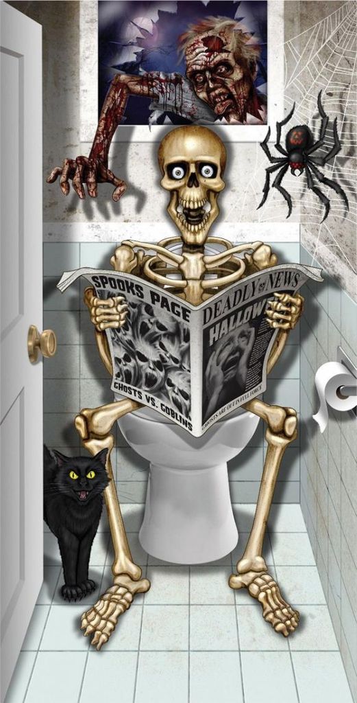 Skelett sitzend auf WC Türdekoration für Halloween