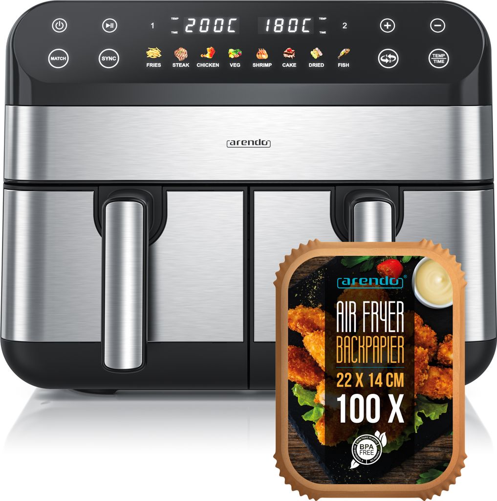 Arendo Heißluftfritteuse XXL, Doppelkammer, Dual Zone, Airfryer 9L mit Backpapier, Dörrautomat, 2400 W, 8 Programme, Touchscreen, 3D Umluftsystem