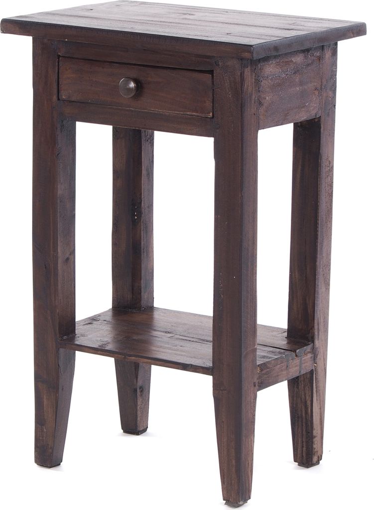 A dark brown wooden side table with one drawer and a lower shelf.