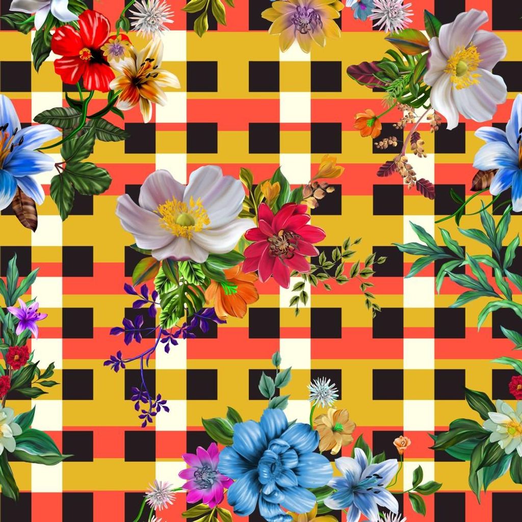 OUTDOOR DEKOSTOFFE OXFORD - Motiv bunte Blumen auf einem karierten Muster I DR130